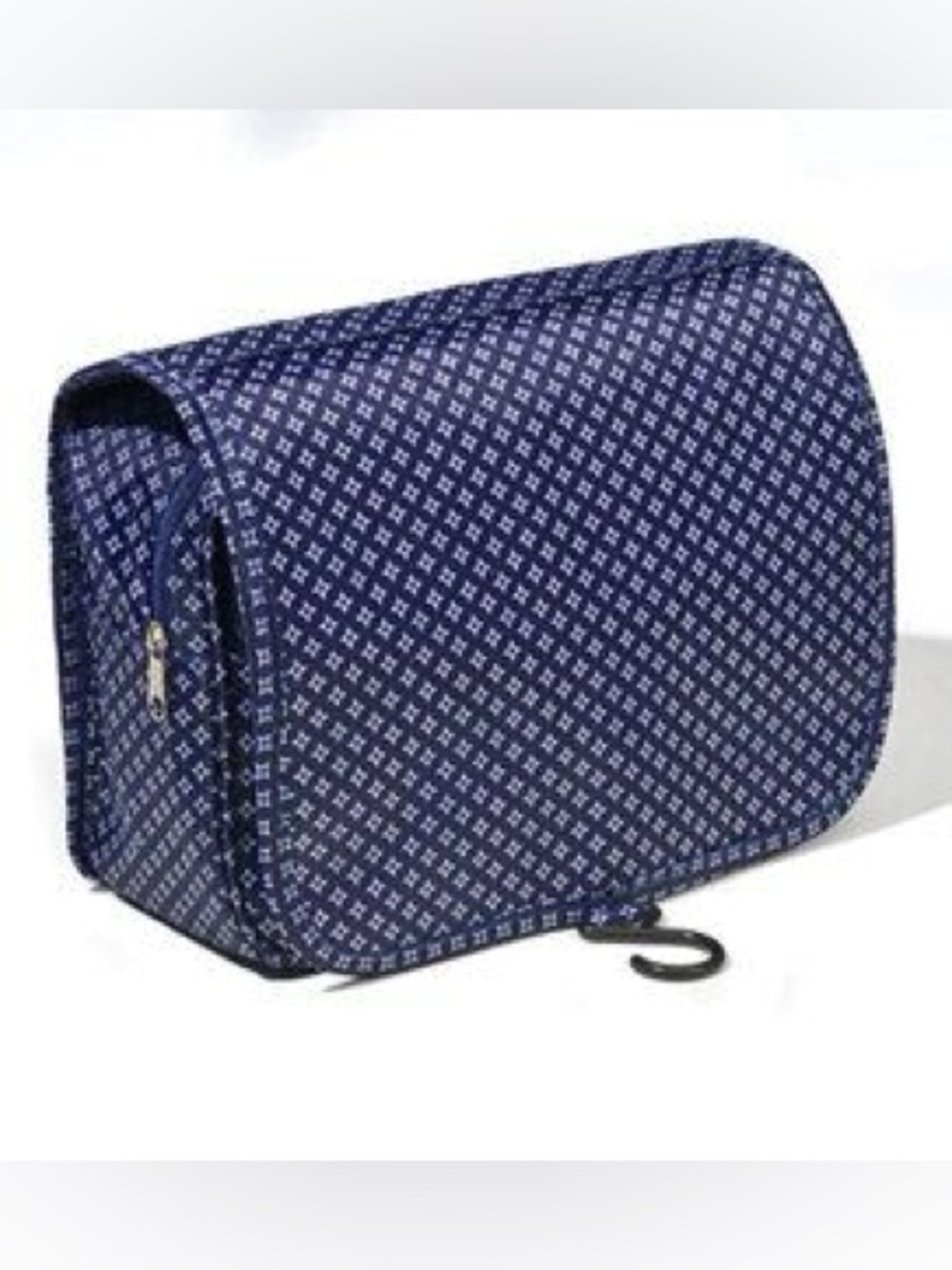 Avon Navy White Diamond Pattern Hanging Travel Makeup Bag Cosmetic Organizer